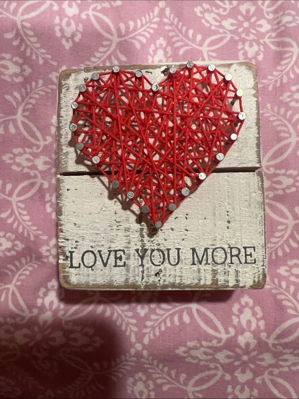 Rustic String Art Heart Sign - Red Heart, White Wood